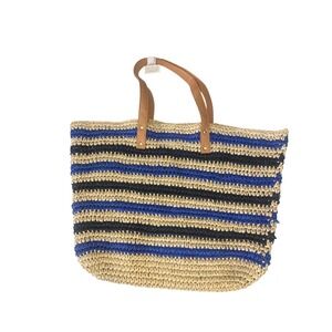 NWOT Mark & Graham‎ COLORFUL STRIPE STRAW TOTE. Blue Black Mono Removed